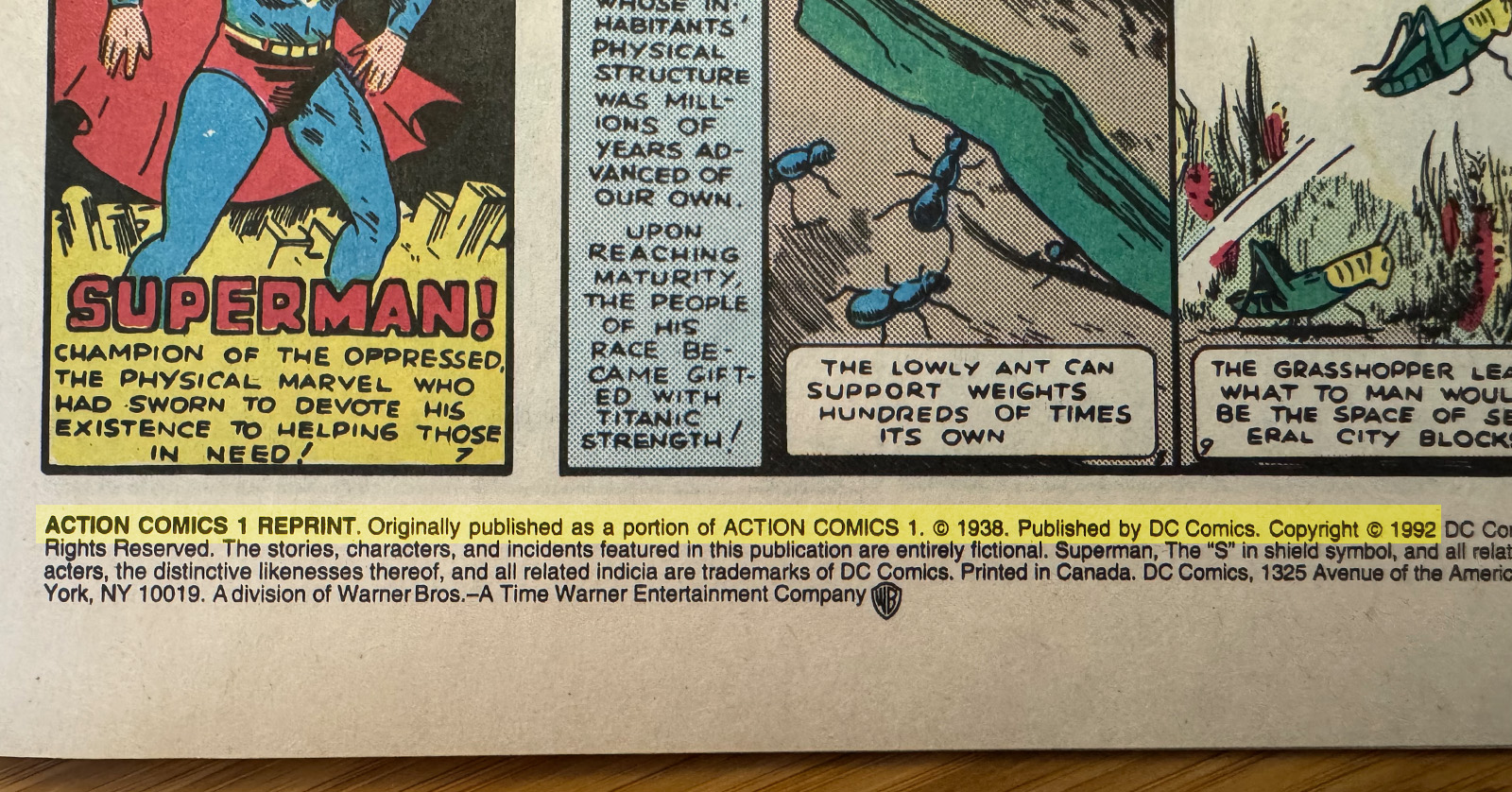 Close-up of a comic's small-print box reading 'Action Comics 1 Reprint, copyright 1992' beside classic Superman cover art — the detail that distinguishes a reprint from the 1938 original.
