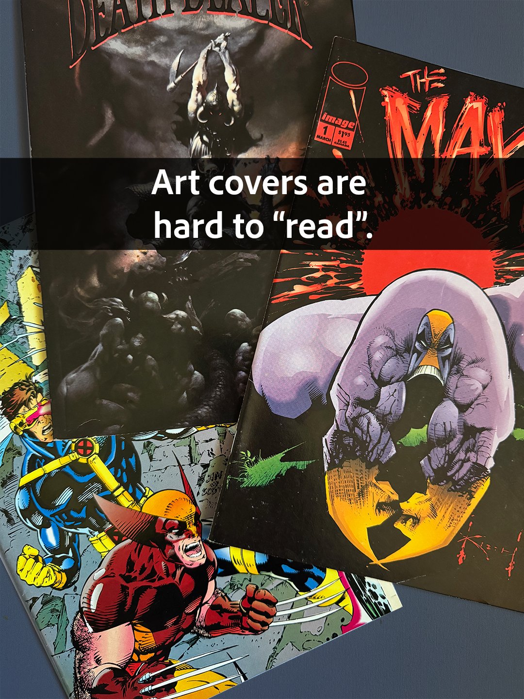 Art-forward comic covers — painterly, logo-only — that carry almost no readable text.