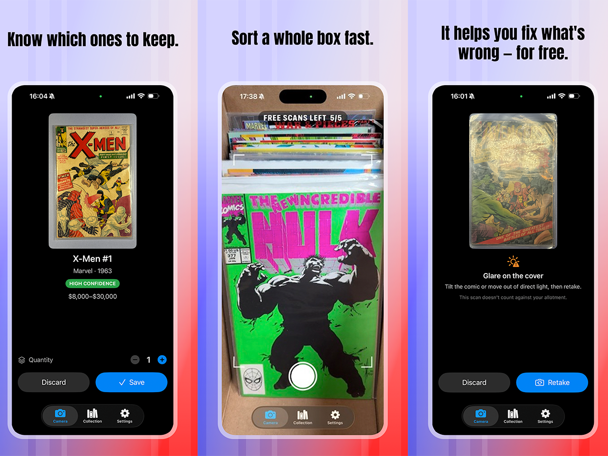 Three Comic Scry screenshots side by side: identifying X-Men #1 with a tier and range, the camera scanning a Hulk cover from a stack with 5 of 5 free scans remaining, and a glare-on-the-cover retake prompt that doesn't count against the scan allotment.