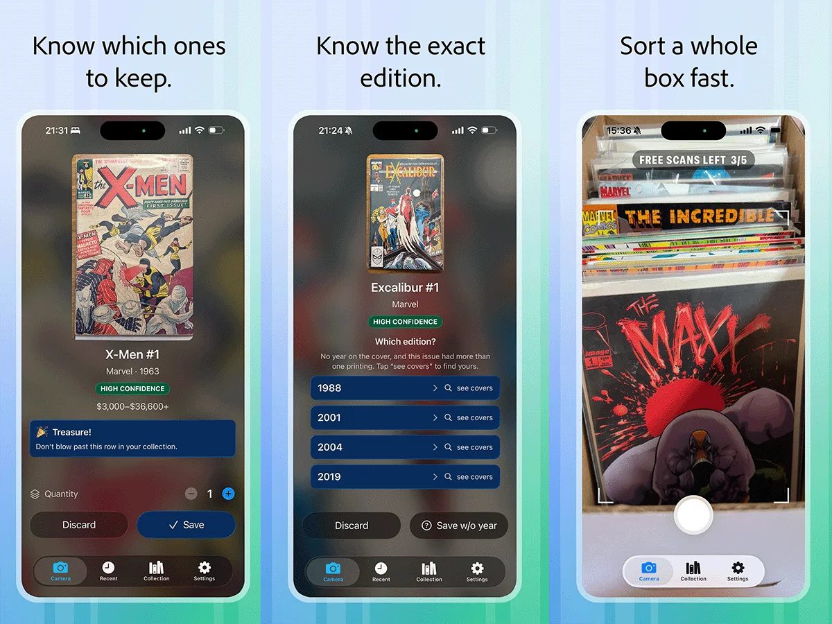 Three Comic Scry screenshots side by side: a result card identifying X-Men #1 ("Know which ones to keep"), the edition picker disambiguating Excalibur #1 printings ("Know the exact edition"), and the camera scanning a comic from a box ("Sort a whole box fast").
