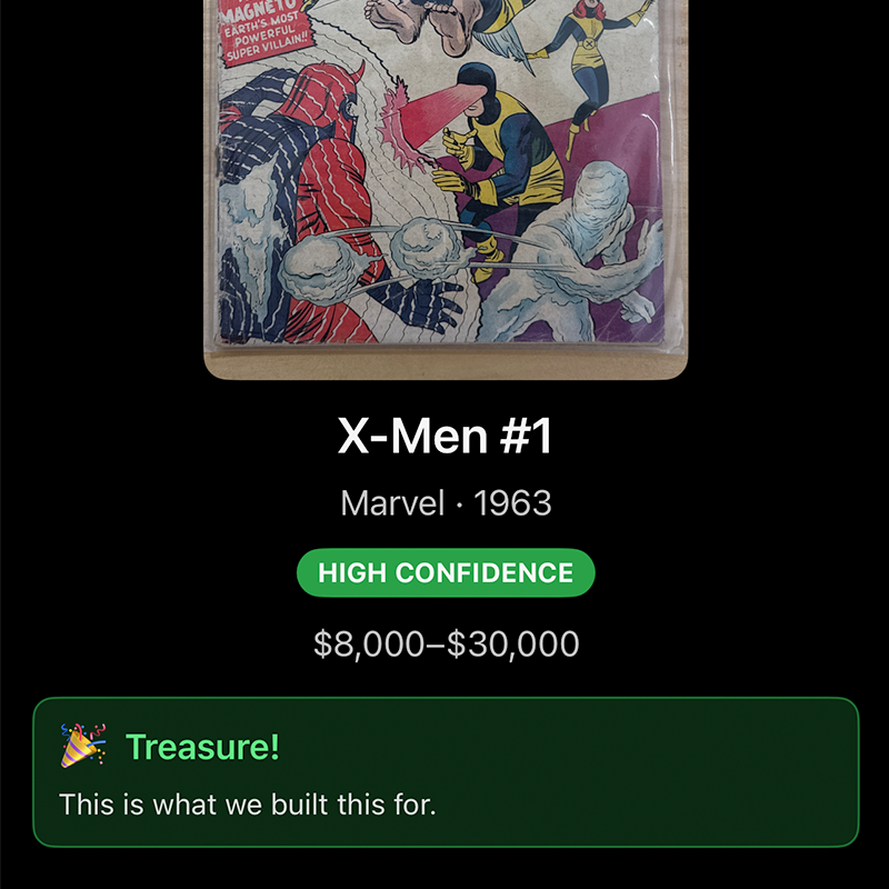 Comic Scry result card identifying X-Men #1 from Marvel, 1963, with a HIGH CONFIDENCE badge, a $8,000–$30,000 price range, and a 🎉 Treasure! callout reading "This is what we built this for."
