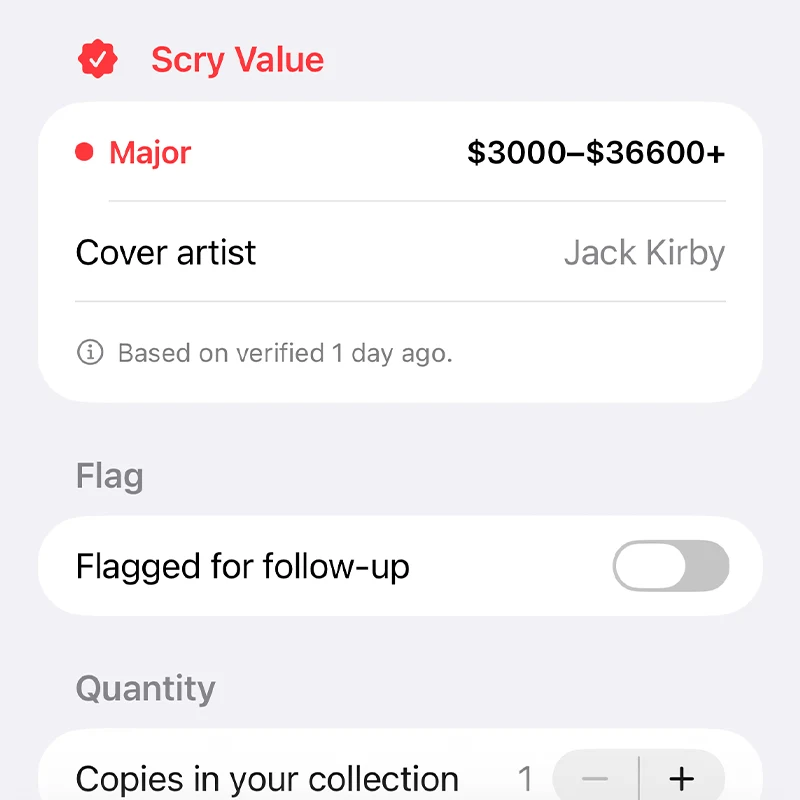 Comic Scry detail view showing the Scry Value with a Major tier badge, a $3,000–$36,600+ range, Jack Kirby credited as cover artist, a 'based on verified 1 day ago' provenance line, a flag-for-follow-up toggle, and a quantity stepper.